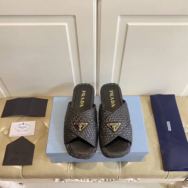 Factory Price P Prada New Raffia Woven Slippers Original Custom Raffia Sheepskin