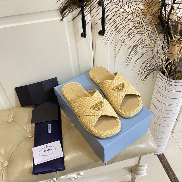 Factory Price P Prada New Raffia Woven Slippers Original Custom Raffia Sheepskin