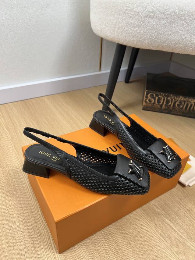 louis Vuitton 2025 The Latest Hot-Selling Perforated Square Toe Thick Heel Sl