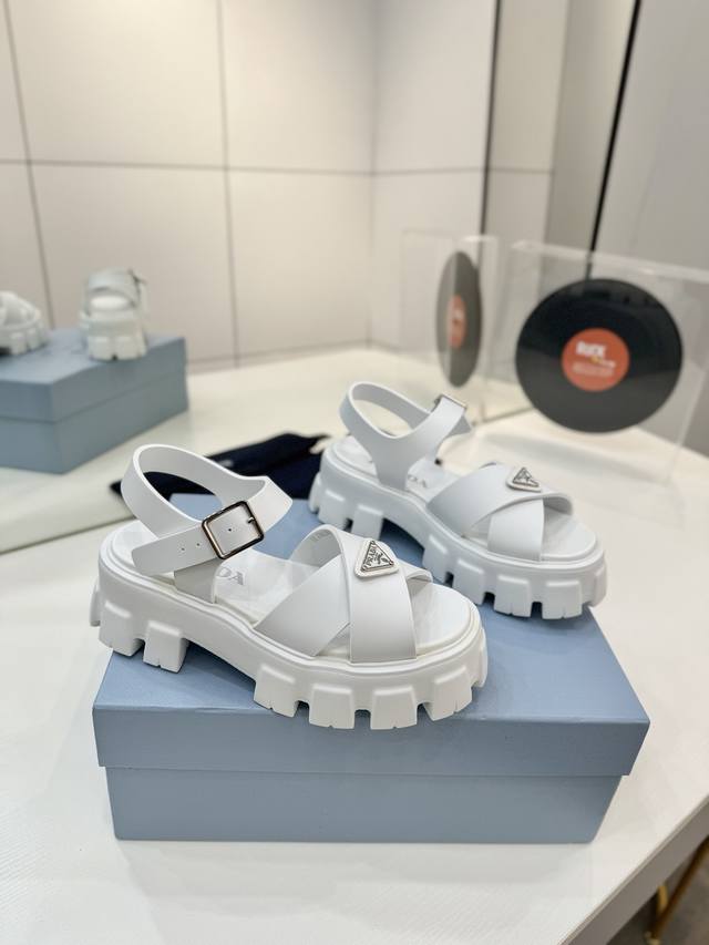 Factory P price Prada rubber triangle logo serrated thick-soled sandals and beac