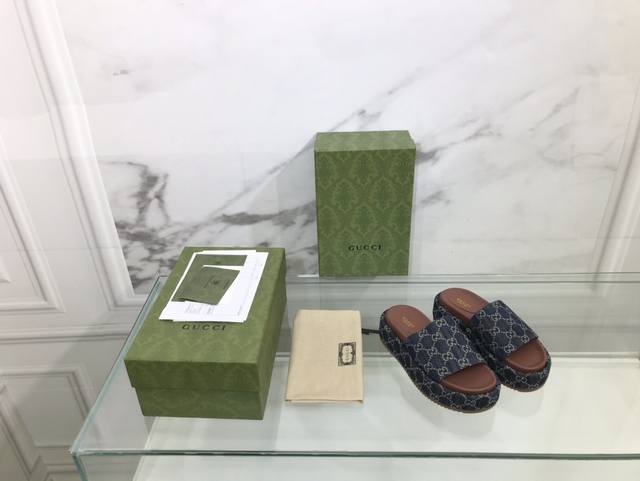 direct sales Gucci counter classic platform slippers, Fabric: colorful Gg fabric