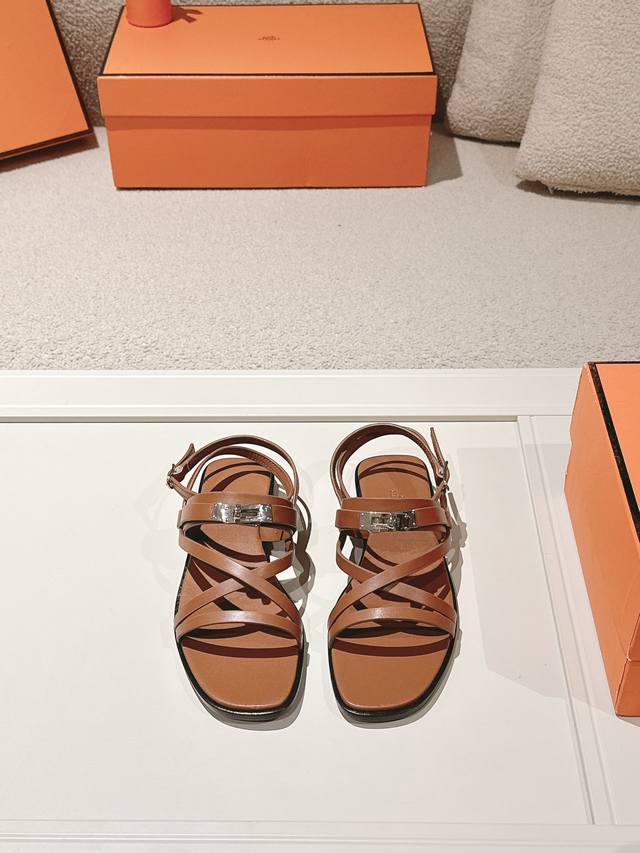 Hermes Kelly Buckle Thin Strap Roman Sandals Calf leather sandals with classic p