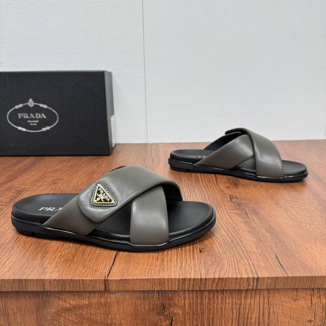 Prada's new men's leather cross slippers with Velcro closure for fine-tuning the