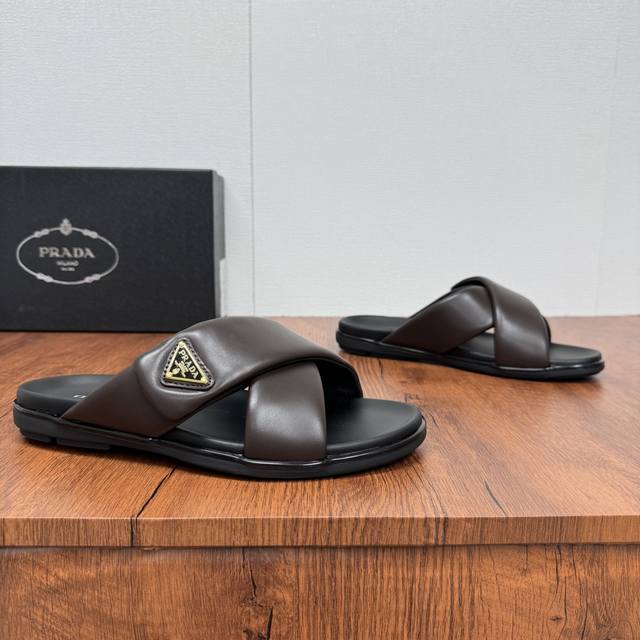 Prada's new men's leather cross slippers with Velcro closure for fine-tuning the