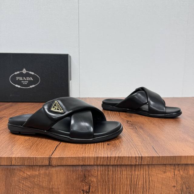 Prada's new men's leather cross slippers with Velcro closure for fine-tuning the