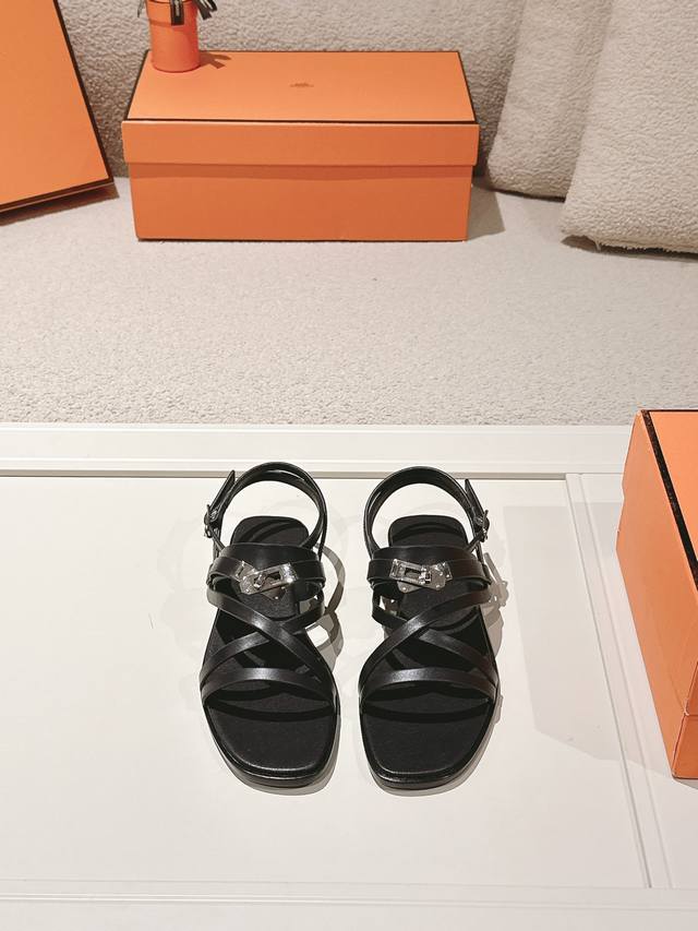 Real price, no discount! Hermes Kelly buckle thin strap Roman sandals Calf leath