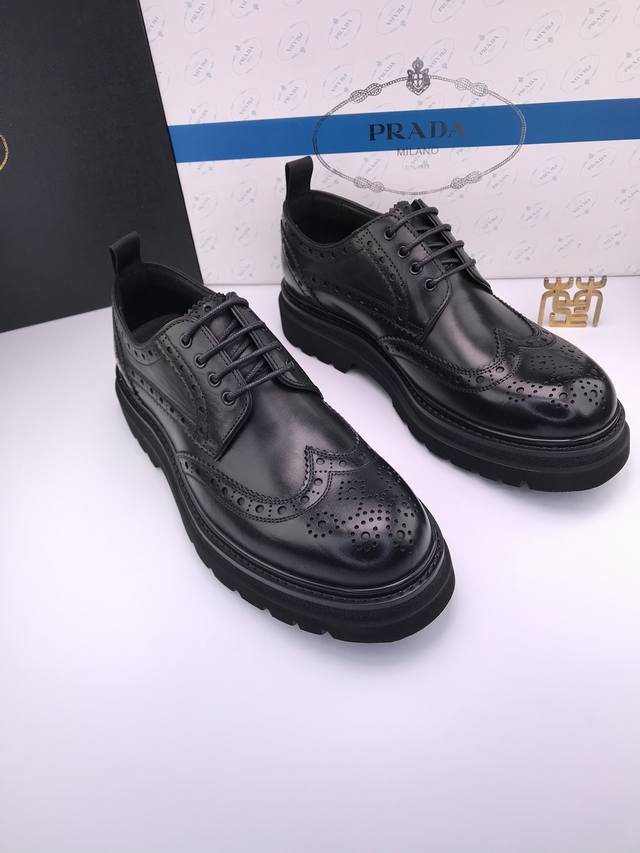 4cm thick sole Prad* Ultra-light foamed thick sole High-end big head leather sho