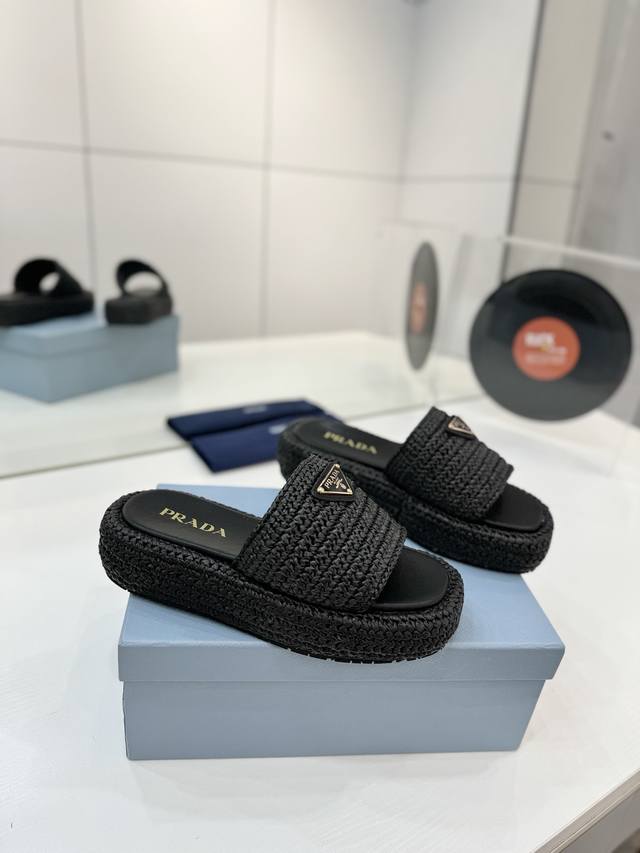 Factory Price P Prada New Braided Shoes Straw Sandals! This year's popular straw