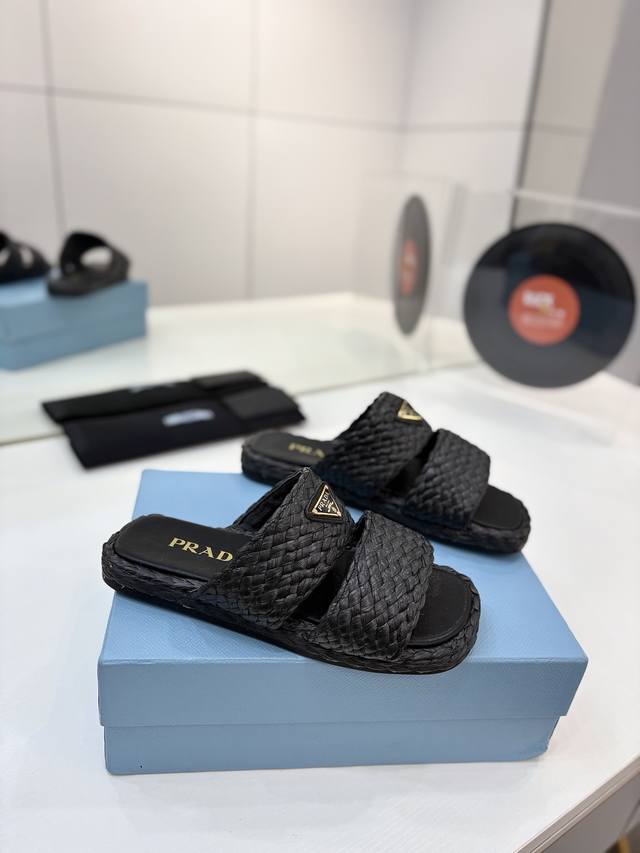 Factory Price Prada Woven Slippers New Spring and Summer Stunning Raffia Straw S
