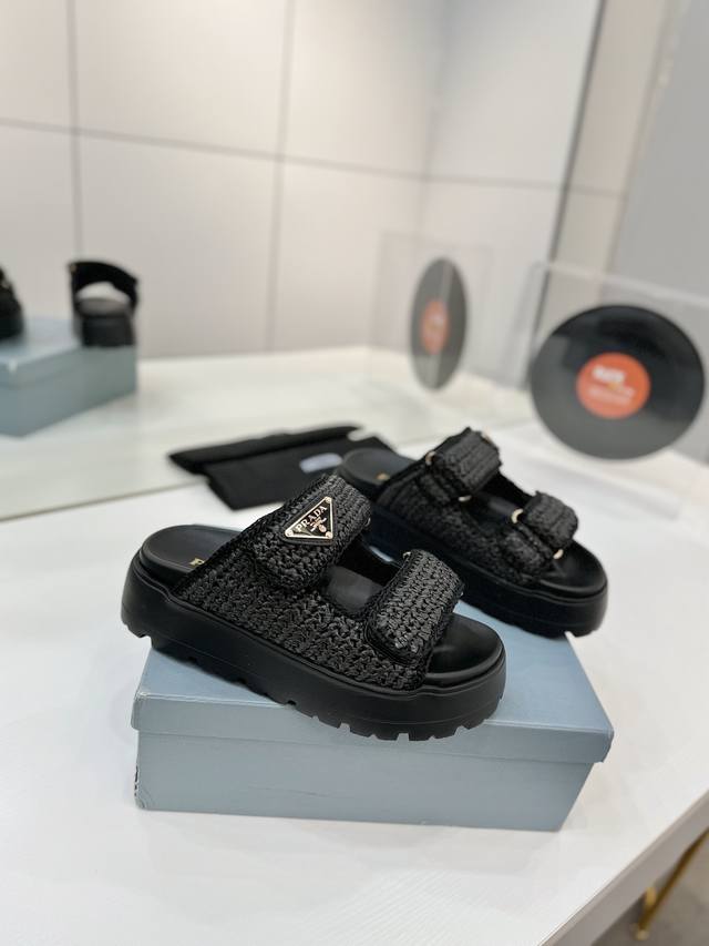 Factory Price P Prada New Braided Shoes Straw Sandals! This year's popular straw
