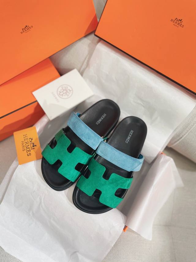 New Herme* H's new Ai Ma*Chypre Erjiu shoes H-shaped Velcro flat sandals and sli