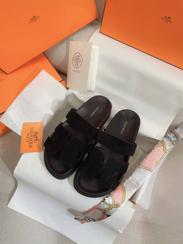 New Herme* H classic Chypre second uncle shoes H-shaped Velcro flat sandals and