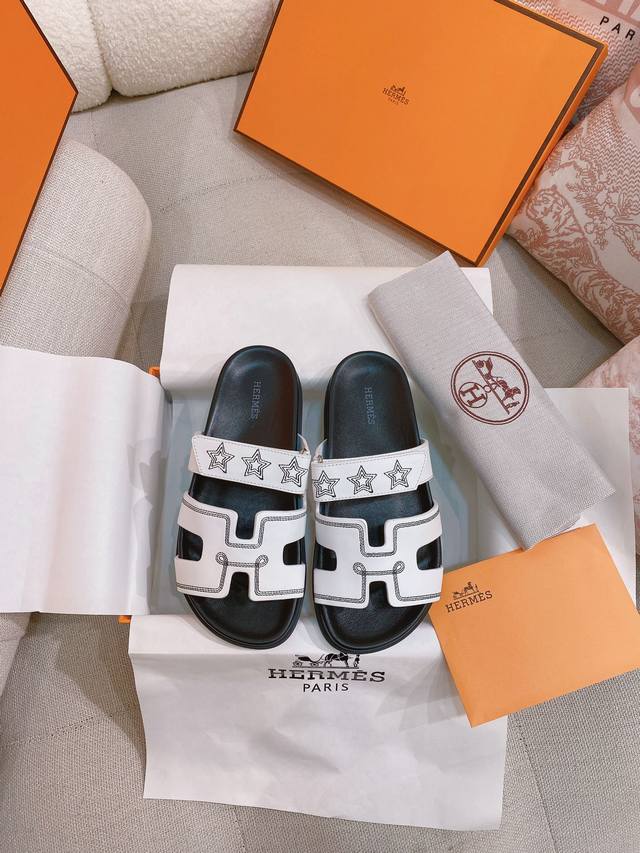 New Herme* H's new Ai Ma*Chypre Erjiu shoes H-shaped Velcro flat sandals and sli