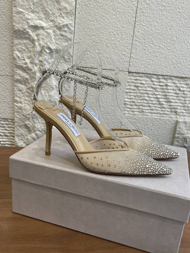 Top version Jimmy Choo 25Ss Spring and Summer new pointed crystal ankle chain de