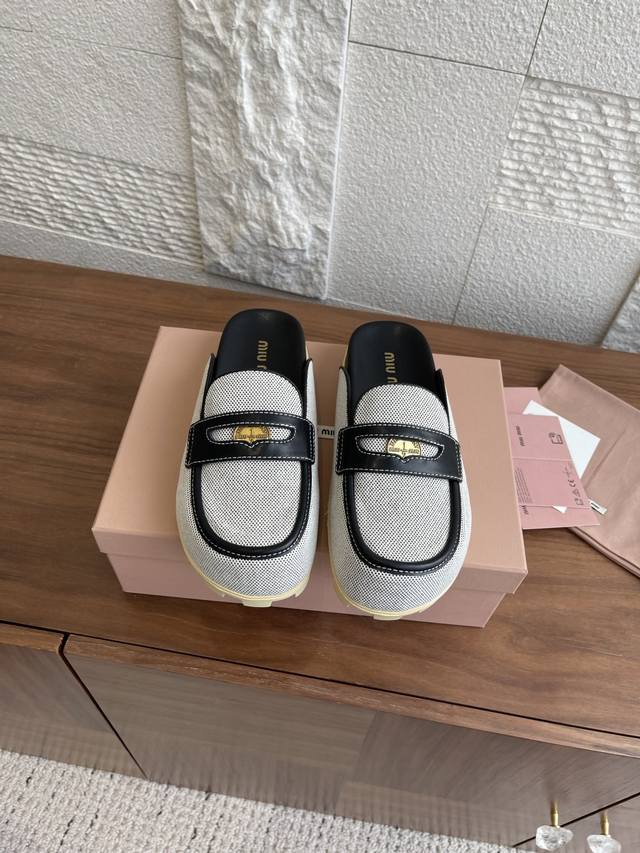 Top version: Miu Miu 25Ss Spring and Summer New Canvas Half-Slip Mule Shoes Casu