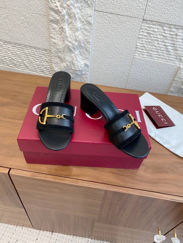 Top version: Gucci 25Ss Summer New Horsebit Suede Chunky Heel High Heel Slippers