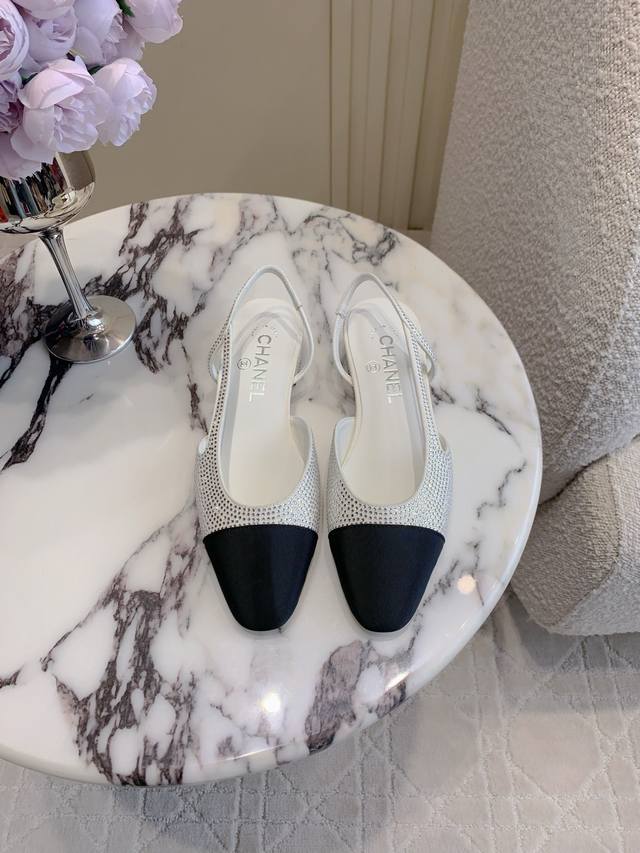 Factory price P Chane* Classic Sling Back Thick Heel Shoes Full Diamond Design B