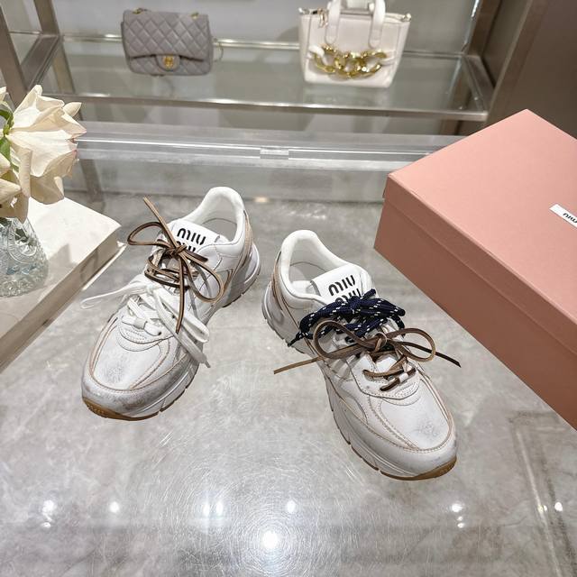 Mesh, leather Miumiu2025 summer dad sneakers, rubbed color and old retro style r