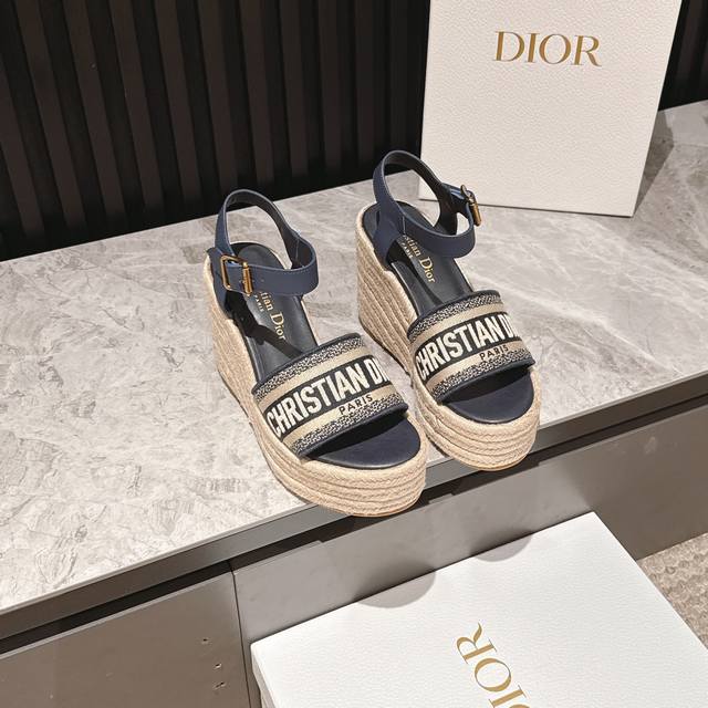 Dior 25 Dway fabric embroidered logo open toe 7cm thick sole one-strap sandals C