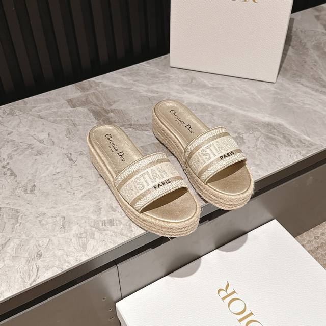 Dior 25 Dway fabric embroidered logo open toe 7cm thick sole one-strap slippers