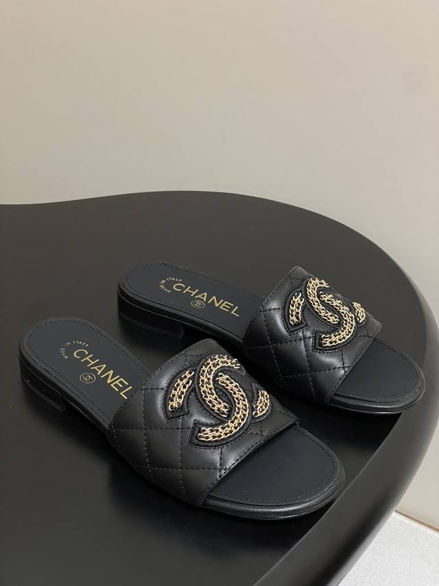 25Fw Spring and Summer New Chanel Chain Double C Letter Buckle Slippers Lace Mes