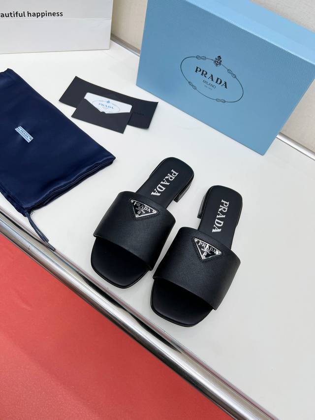 Prada Ss new spring and summer Saffiano cowhide leather high-heeled slippers are