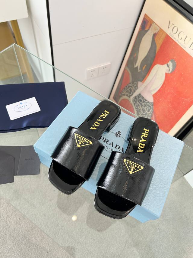 Prada Ss new spring and summer Saffiano cow patent leather high-heeled slippers