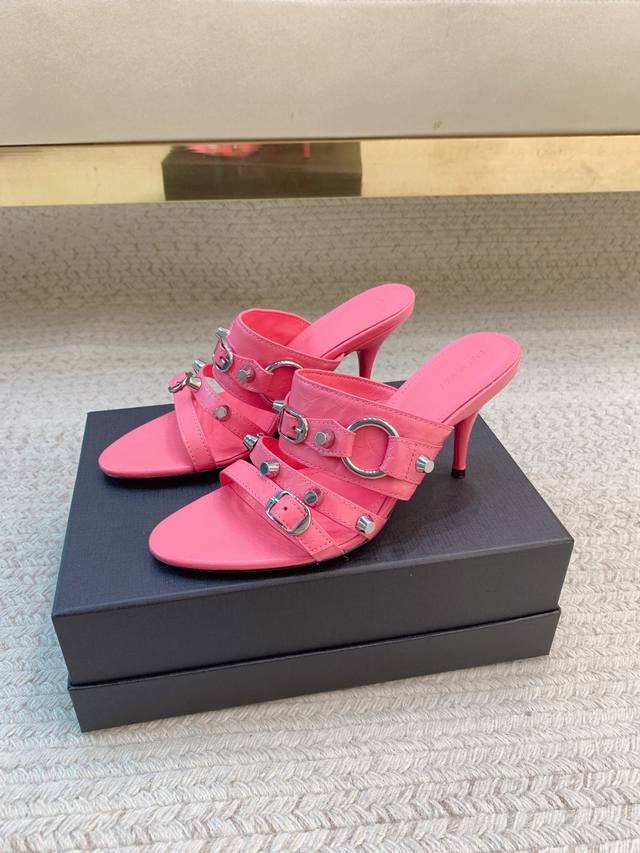 Balenciag*Ss25 new rivet three-strap high-heeled sandals Material Upper: importe