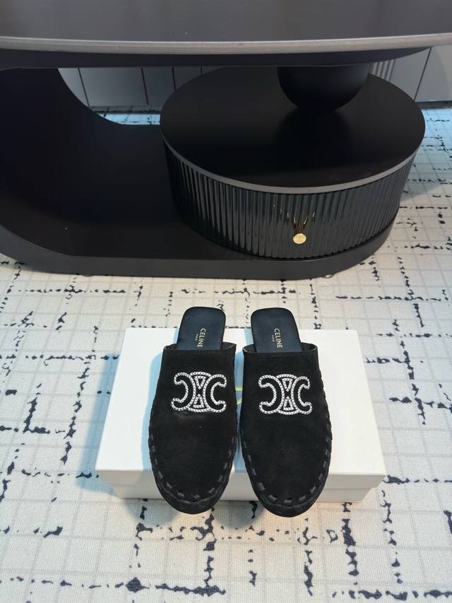 Celine 2025 Spring and Summer new embroidered lettered closed toe flat mule slip