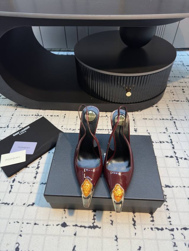 Saint Lauren* 25Ss new square-toed emerald elegant high heels Ysl catwalk style