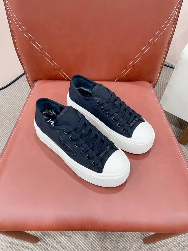 Prad* Prada 24Ss autumn and winter thick-soled sneakers canvas shoes technology