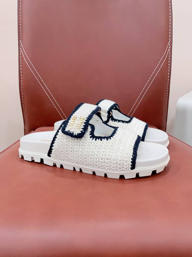 Certified Miu Mi* 24Ss summer double strap Velcro woven thick-soled flat slipper