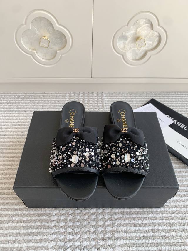 Purchasing-level Chane* Xiaoxiang 25 new bow rhinestone sequin slippers Upper mi