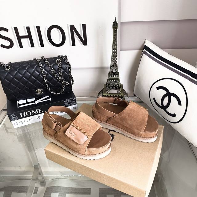 Ugg official website, Venus thick-soled sandals, heel height 6cm, cowhide upper,