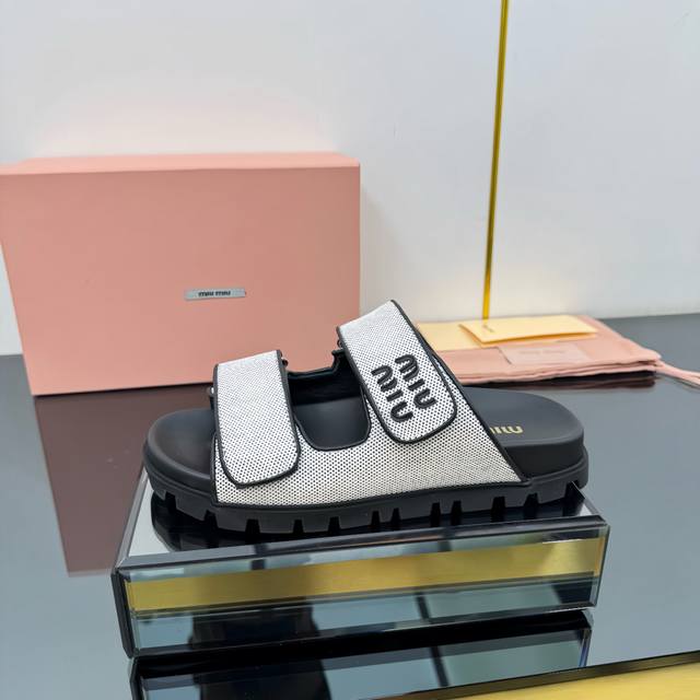 Factory price P Miumiu 2025 spring and summer new sandals Roman thick-soled Velc