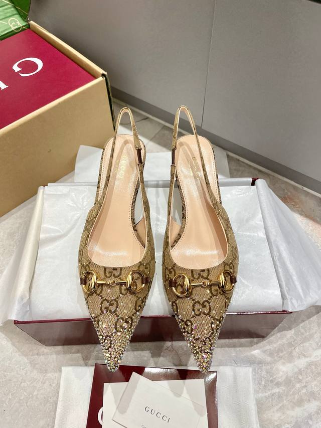 Gucci Horsebit Shallow Sandals Kitten Heel Hot Diamond Faceted Iridescent Crysta