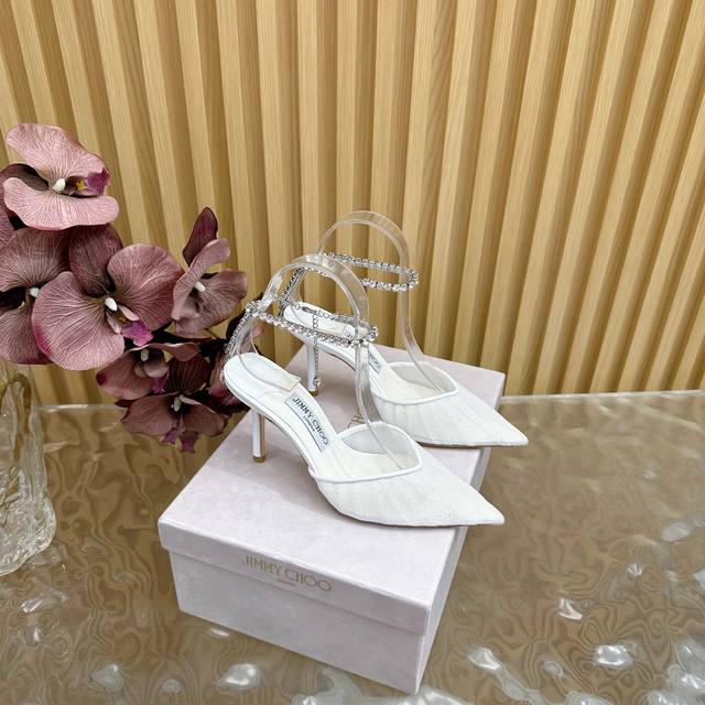 Jimmy Choo classic diamond chain mesh pointed high-heeled slippers The crystal s