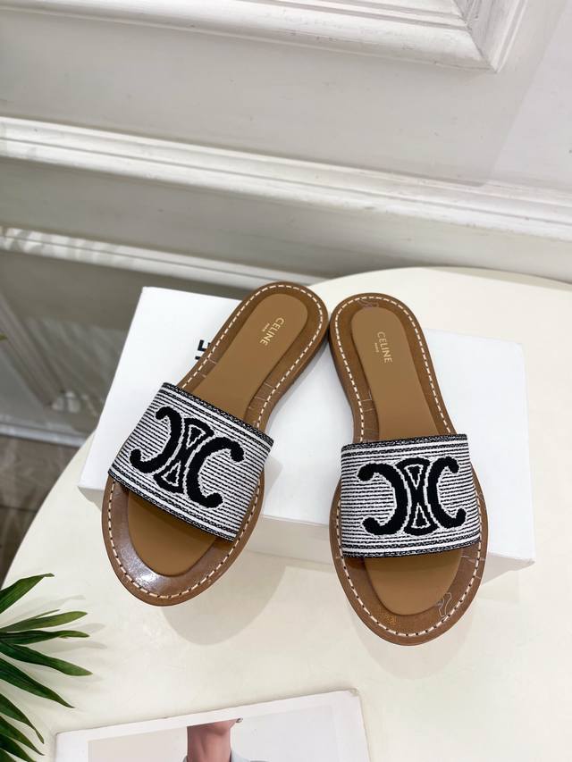 Celine 25 The latest hit Lympia Triompne striped fabric slippers series for the