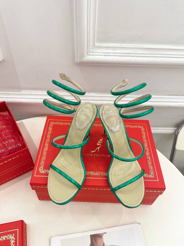 Rene Caovilla 25Ss latest Rc snake-shaped Cleo metal surface high-heeled sandals