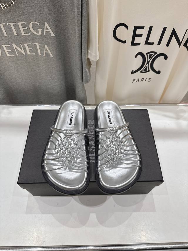 High version factory Jil Sander 25Ss latest woven leather mesh beach flat slippe