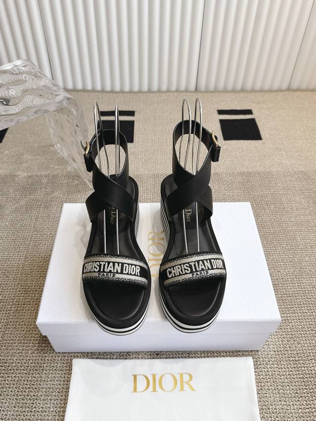 Dior 25Ss Early Spring New Ay Wedge Heel Embroidered Striped Thick-soled Sandals