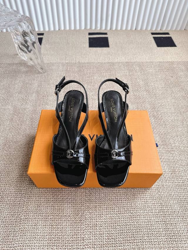 Louis Vuitton Lv square toe buckle V-strap kitten heel sandals slingback high he