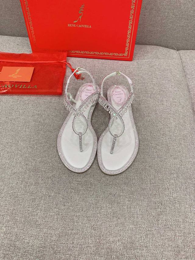 Factory price P Ren* Caovill* Flip-toe flat sandals with crystal pendants, full