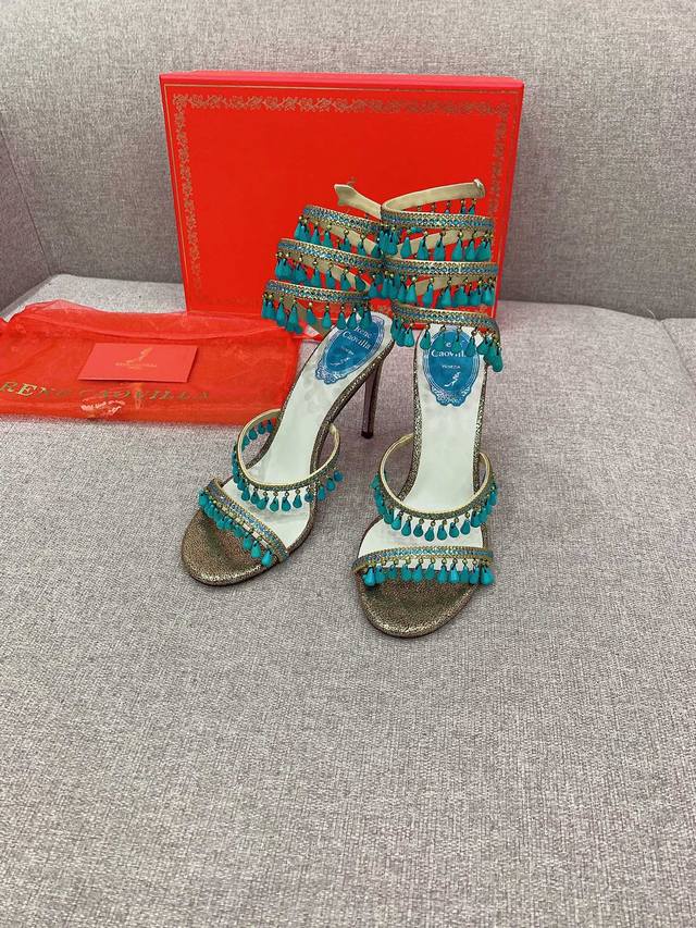 Factory Price P Ren* Caovill* New Turquoise Decorated High Heel Sandals Purely H