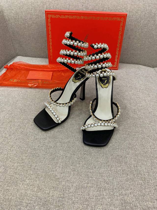 Factory Price P Ren* Caovill*Snake-shaped pearl high-heeled sandals are full of