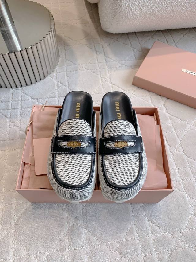 Factory price P Miu new canvas coin thick-soled half slippers, casual and versat