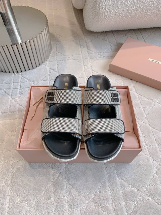 Factory price P Miu new canvas letter thick-soled slippers, casual and versatile
