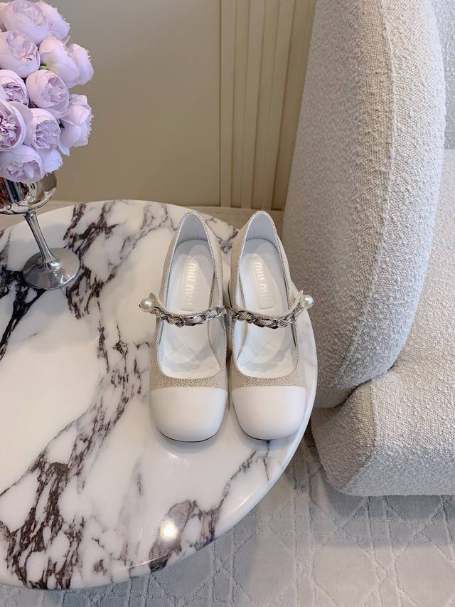Backless Shoes Miu new thick heel Mary Jane shoes new version cloth splicing cha