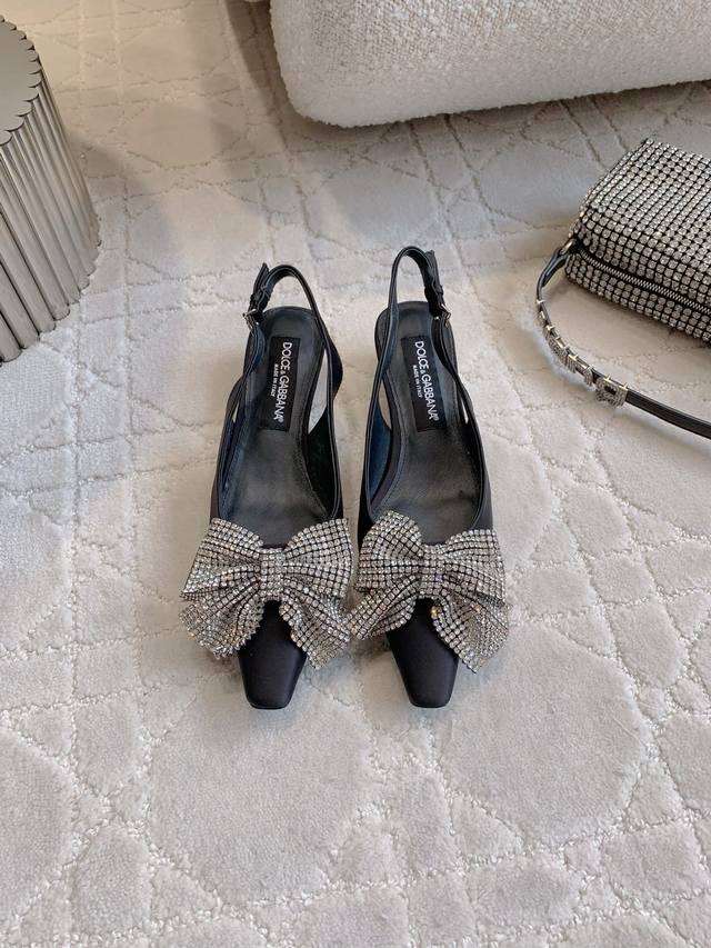 Factory price P Dolce & Gabban* new rhinestone bow small heel slingback shoes Su