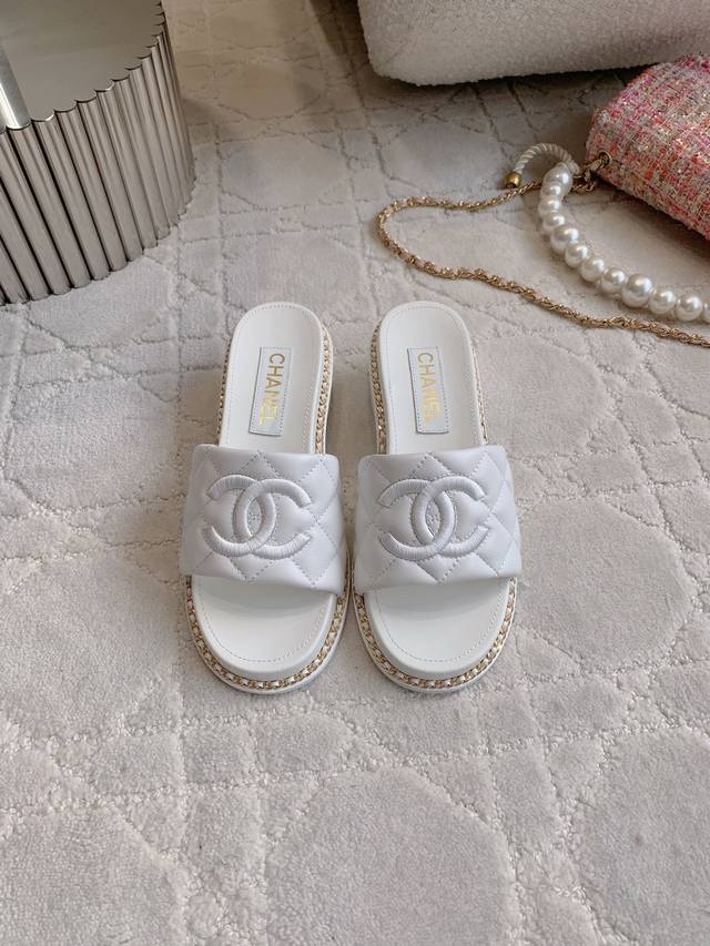 Factory price P Chane* new embroidered logo diamond-shaped thick-heeled slippers